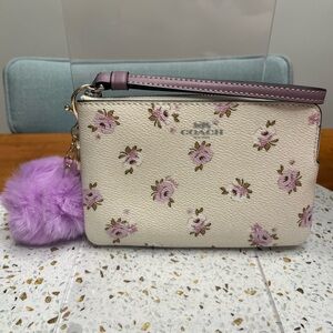 Coach Floral Wristlet - Purple and White - NWT -with pompom charm!